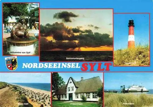 AK / Ansichtskarte 73962266 SYLT_Insel Brunnen Wilhelmine von Sylt Sonnenuntergang Leuchtturm Rotes Kliff Strand Friesenhaus Roem-Faehre