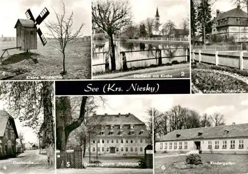 AK / Ansichtskarte  Niesky_Oberlausitz_Sachsen Kleine Windmuehle Dorfteich mit Kirche Polytechn Oberschule Dorfstrasse Genesungsheim Heideland Kindergarten