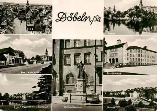 AK / Ansichtskarte  Doebeln_Sachsen Stadtansicht Schule Bad und Kath Kirche Buergergarten Berufsschule Schlegelbrunnen Stadion