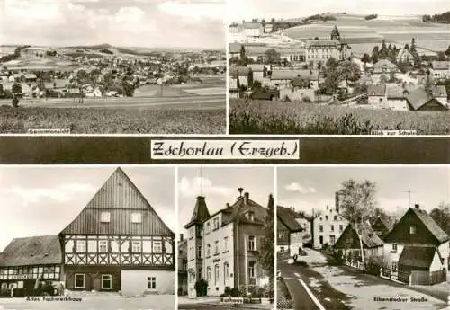 AK / Ansichtskarte  Zschorlau Panorama Schule Altes Fachwerkhaus Rathaus Eibenstocker Strasse