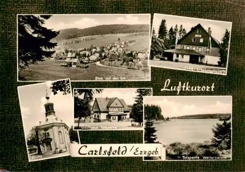 AK / Ansichtskarte 73962401 Carlsfeld_Erzgebirge Panorama FDGB Erholungsheim Kirche Gasthaus Talsperre Weiterswiese Talsperre