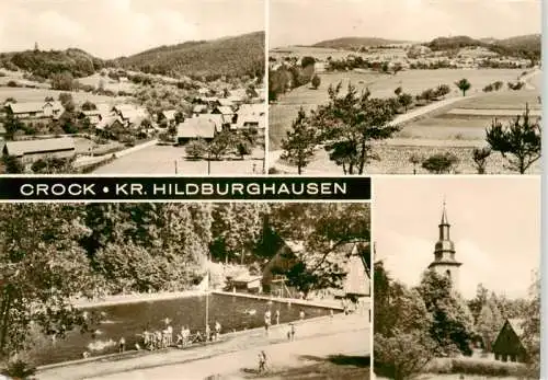 AK / Ansichtskarte 73962404 Crock_Auengrund Panorama Teilansichten Schwimmbad Kirche