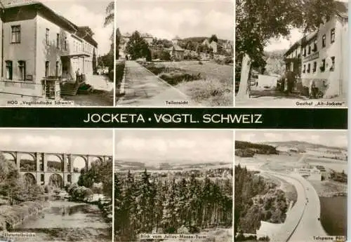 AK / Ansichtskarte 73962423 Jocketa HOG Vogtlaendische Schweiz Teilansicht Gasthof Alt Jocketa Elstertalbruecke Julius Mosen Turm Talsperre Poehl