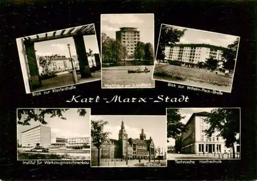 AK / Ansichtskarte  Karl-Marx-Stadt_CHEMNITZ Blick zur Kieslerstrasse Hochhaus am Schlossteich Wilh Pieck Strasse Insitut fuer Werkzeugmaschinenbau Rathaus Techn Hochschule