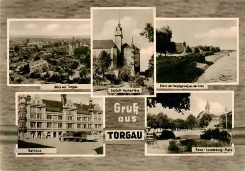 AK / Ansichtskarte  Torgau Panorama Schloss Hartenfels Platz der Begegnung an der Elbe Rathaus Rosa Luxemburg Platz