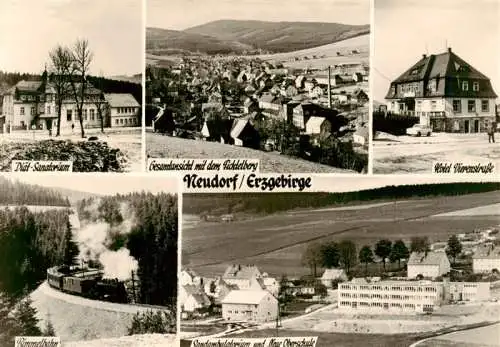 AK / Ansichtskarte 73962522 Neudorf_Erzgebirge Diaet Sanatorium Panorama mit Fichtelberg Hotel Vierenstrasse Bimmelbahn Sandambulatorium und Neue Oberschule