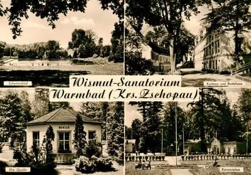 AK / Ansichtskarte 73962531 Warmbad_Wolkenstein_Gehringswalde_Sachsen Wismut Sanatorium Schwimmbad Kurhaus und Badehaus Die Quelle Konzertplatz