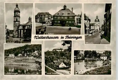 AK / Ansichtskarte  Waltershausen_Gotha_Thueringen Am Markt Rathaus Nikolastor Kraeuterwiese Schloss Tenneberg Gondelteich