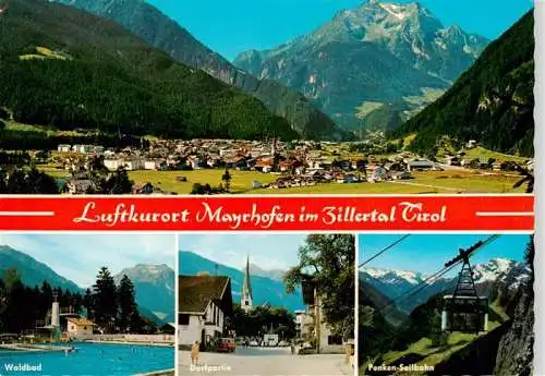 AK / Ansichtskarte 73962637 Mayrhofen_Zillertal_AT Panorama Waldbad Dorfpartie Penken Seilbahn