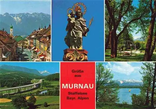 AK / Ansichtskarte 73962815 Murnau_Staffelsee Stadtzentrum Mariensaeule Park Autobahnbruecke Uferpartie am See Alpen