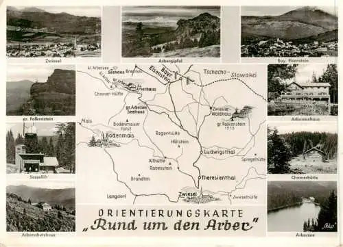 AK / Ansichtskarte 73962826 Zwiesel__Niederbayern Panorama Arbergipfel Bay Eisenstein Gr Falkenstein Arberseehaus Sessellift Chamerhuette Arberschutzhaus Arbersee Orientierungskarte