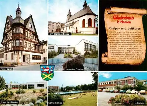 AK / Ansichtskarte 73962850 Gladenbach Hotel Spiess Ev Martins Kirche Haus des Gastes Schwimmbad Hallenbad