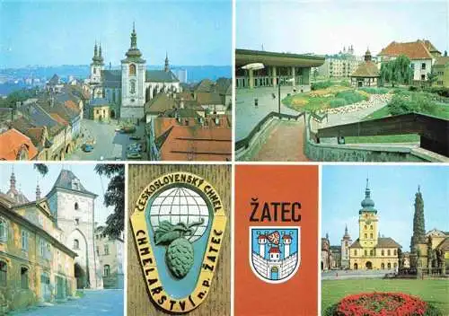 AK / Ansichtskarte 73962968 Zatec_Saaz_CZ Ansicht mit Kirche Stadttor Rathausplatz