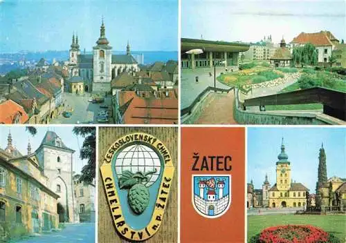 AK / Ansichtskarte 73962969 Zatec_Saaz_CZ Ansicht mit Kirche Stadttor Rathausplatz