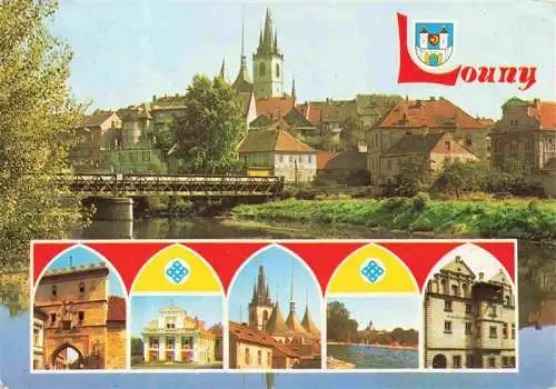 AK / Ansichtskarte 73962984 Louny_Laun_CZ Blick ueber den Fluss zur Altstadt Stadttor Gebaeude Freibad