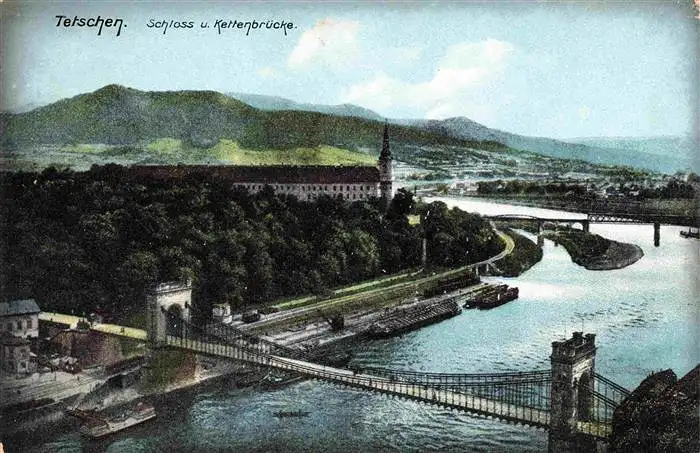 AK / Ansichtskarte  Tetschen-Bodenbach_Boehmen_Decin_CZ Schloss und Kettenbruecke