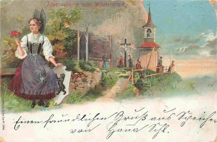 AK / Ansichtskarte  WILDKIRCHLI_Weissbad_IR Appenzellerin beim Wildkirchlein