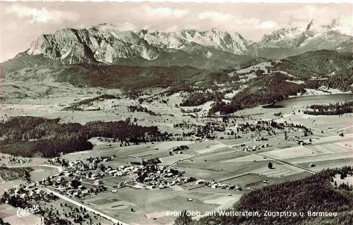 AK / Ansichtskarte 73963786 Kruen_Garmisch-Partenkirchen Panorama Blick gegen Wetterstein Zugspitze und Barmsee