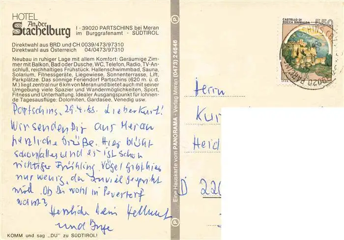 AK / Ansichtskarte  Partschins_Parcines_IT Hotel an der Stachelburg Tennis Reiten Hallenbad
