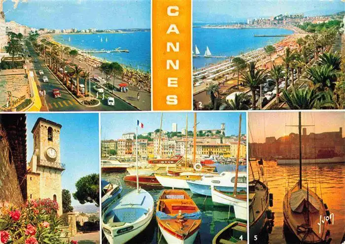 AK / Ansichtskarte  Cannes_06 La Croisette et les Grands Hôtels Le Suquet Port des yachts Coucher de soleil