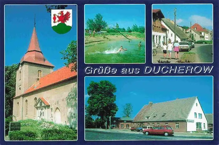 AK / Ansichtskarte 73964218 Ducherow Kirche Badesee Strassenpartie Gasthaus