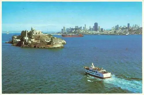 AK / Ansichtskarte 73964442 Alcatraz_San_Francisco_USA on San Francisco Bay with the City and Oakland Bay Bridge in the distance