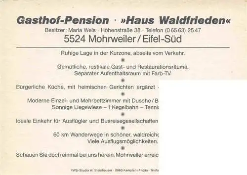 AK / Ansichtskarte  Mohrweiler Gasthof Pension Haus Waldfrieden Gastraum Fremdenzimmer Kegelbahn