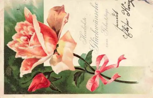 AK / Ansichtskarte  Rosen_Roses_Rosas-- Glueckwunsch Rosa/ Orang Litho