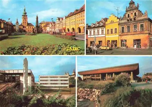 AK / Ansichtskarte 73966183 Zatec_Saaz_CZ Namesti VRSR s radnici Starobyle domy na namesti VRSR Zakladni skola Kulturni dum Moskva