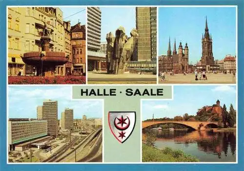 AK / Ansichtskarte 73966237 HALLE__Saale Eselsbrunnen Am Thaelmannplatz Markt mit Marktkirche und Rotem Turm Burg Giebichenstein