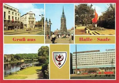 AK / Ansichtskarte  HALLE__Saale Hansering Markt mit Marienkirche und Rotem Turm Fahnenmonument Saale Schiffsanlegestelle Interhotel Stadt Halle