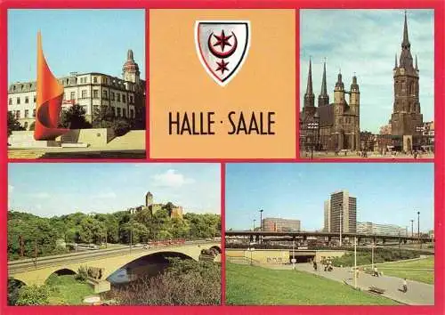 AK / Ansichtskarte 73966239 HALLE__Saale Fahnenmonument Markt mit Marktkirche und Rotem Turm Burg Giebichenstein Thaelmannplatz