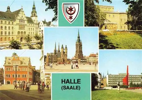 AK / Ansichtskarte 73966244 HALLE__Saale Markt mit Marktkirche und Rotem Turm Landesmuseum Marktschloesschen Fahnenmonument