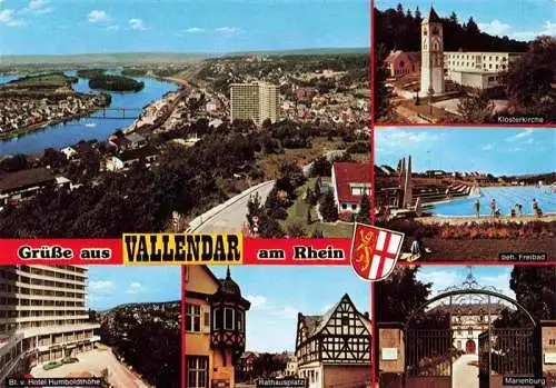 AK / Ansichtskarte 73966251 Vallendar_Rhein Fliegeraufnahme Klosterkirche Freibad Hotel Humboldthoehe Rathausplatz Marienburg