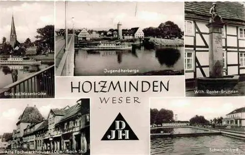 AK / Ansichtskarte 73966357 Holzminden_Weser_Niedersachsen Weserbruecke Jugendherberge Wilhelm Raabe-Brunnen Alte Fachwerkhaeuser Freibad