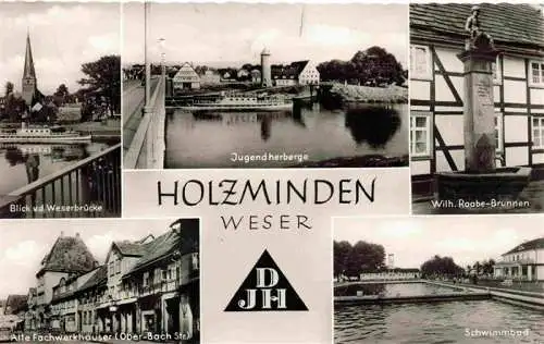 AK / Ansichtskarte  Holzminden_Weser_Niedersachsen Weserbruecke Jugendherberge Wilhelm Raabe-Brunnen Alte Fachwerkhaeuser Freibad