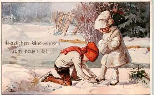 AK / Ansichtskarte 73966432 Neujahr_Annee_New_Year Kinder Schnee Eislaufen