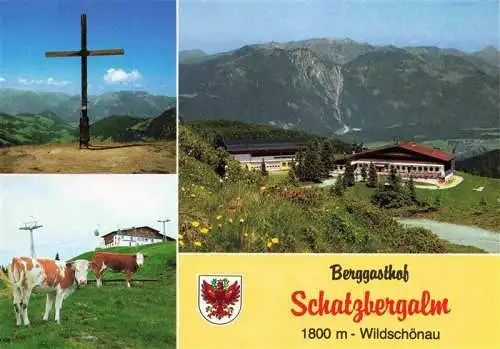 AK / Ansichtskarte 73966905 Wildschoenau_Tirol_AT Berggasthof Schatzbergalm Almvieh Kuehe Gipfelkreuz