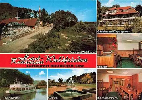 AK / Ansichtskarte  Hitzacker_Elbe Hotel Restaurant Waldfrieden Gaestehaus Kellerbar Kegelbahn Kurpark Elbrundfahrten Fahrgastschiff