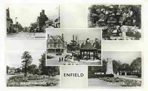 AK / Ansichtskarte  Enfield__London_UK Centre Market Place Rose Garden Town Park Pool War Memorial