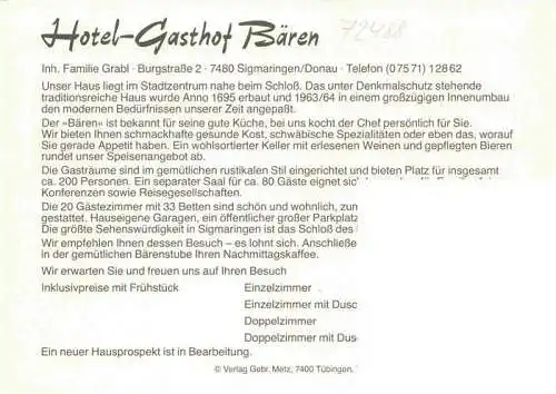 AK / Ansichtskarte 73967158 Sigmaringen Hotel Gasthof Baeren Restaurant Schloss