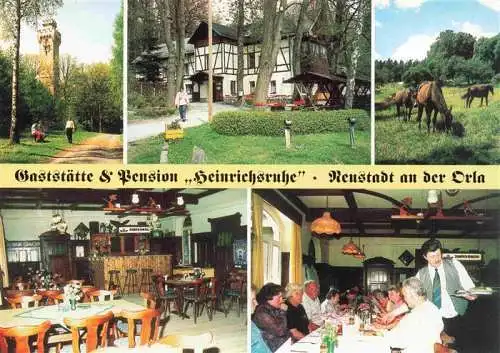 AK / Ansichtskarte 73967397 Neustadt_Orla Gaststaette Pension Heinrichsruhe Gastraum Aussichtsturm Pferdekoppel