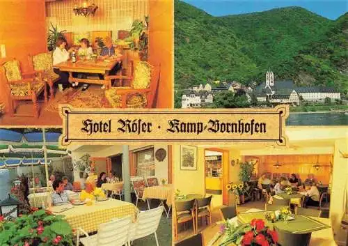 AK / Ansichtskarte  Bornhofen_Kamp_Rhein Hotel Roeser Restaurant Motiv mit Kirche