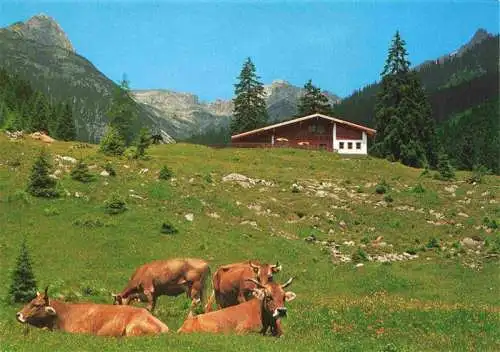 AK / Ansichtskarte 73967663 Elbigenalp_Lechtal_Tirol_AT Jausenstation Gibler-Alm mit Rotwandspitze Almvieh Kuehe