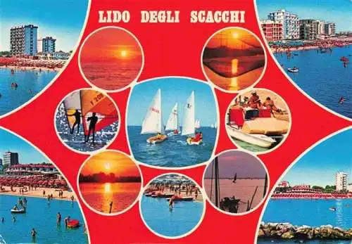 AK / Ansichtskarte 73967672 Lido_degli_Scacchi_IT Panorama Strand Wassersport Sonnenuntergang am Meer