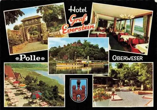 AK / Ansichtskarte 73968079 Polle_Oberweser Hotel Graf Everstein Restaurant Terrasse Minigolf Fahrgastschiff