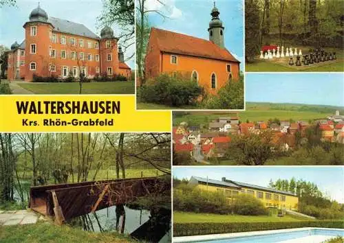 AK / Ansichtskarte 73968083 Waltershausen_Unterfranken_Bayern Schloss Kirche Bodenschach Panorama Holzbruecke