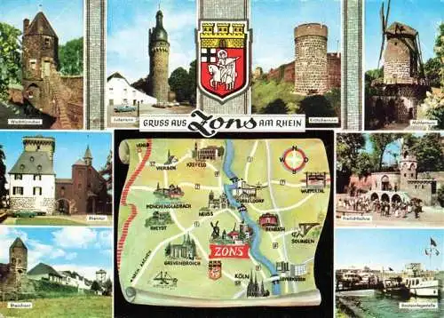 AK / Ansichtskarte 73968095 Zons Tuerme Rheintor Stadtmauer Freilichtbuehne Bootsanleger Landkarte