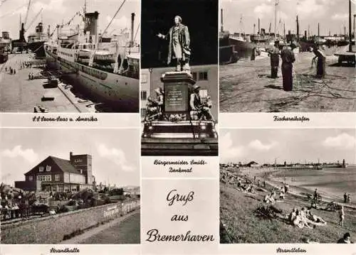 AK / Ansichtskarte 73968223 BREMERHAVEN Hochseedampfer Buergermeister-Smidt-Denkmal Fischereihafen Strandhalle Strandleben