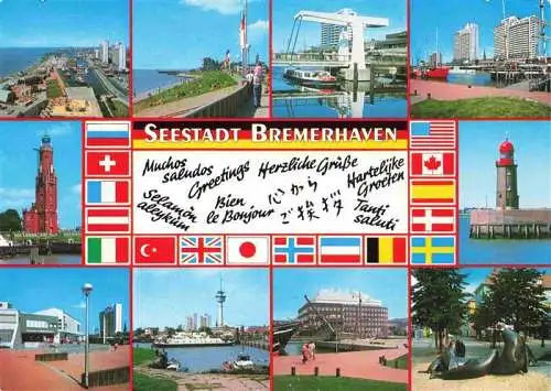 AK / Ansichtskarte 73968225 BREMERHAVEN Teilansichten Seestadt Hafen Columbuskaje Leuchtturm Nationalflaggen